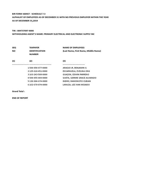 alphalist 7.3|Alphalist 1604CF Schedule 7.3 For The Y.